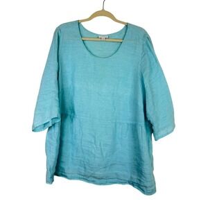 Pure Jill Linen Blend 3/4 Sleeve Top Blue Lagenlook Oversized Minimalist Size 2X